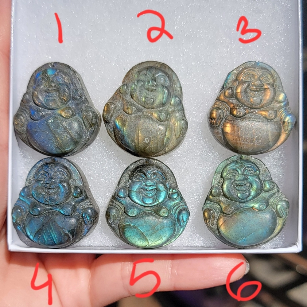 NEW 1" x 1.2" LABRADORITE LAUGHING BUDDHA CARVINGS